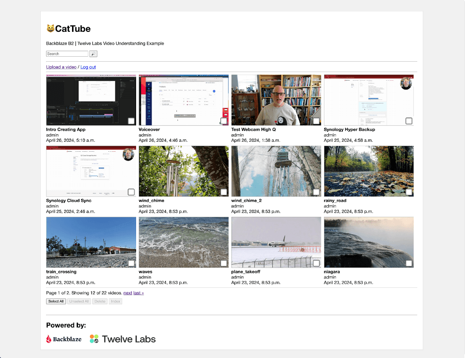 A screenshot of an app showing several videos that have been indexed using 12 Labs' tools. 