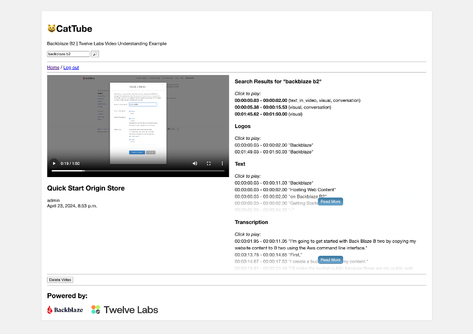 A screenshot showing how to search using a 12 Labs and Backblaze video tool. 