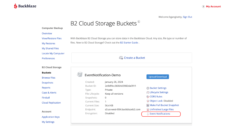 A screenshot of the Backblaze account screen where you can enable Event Notifications. 