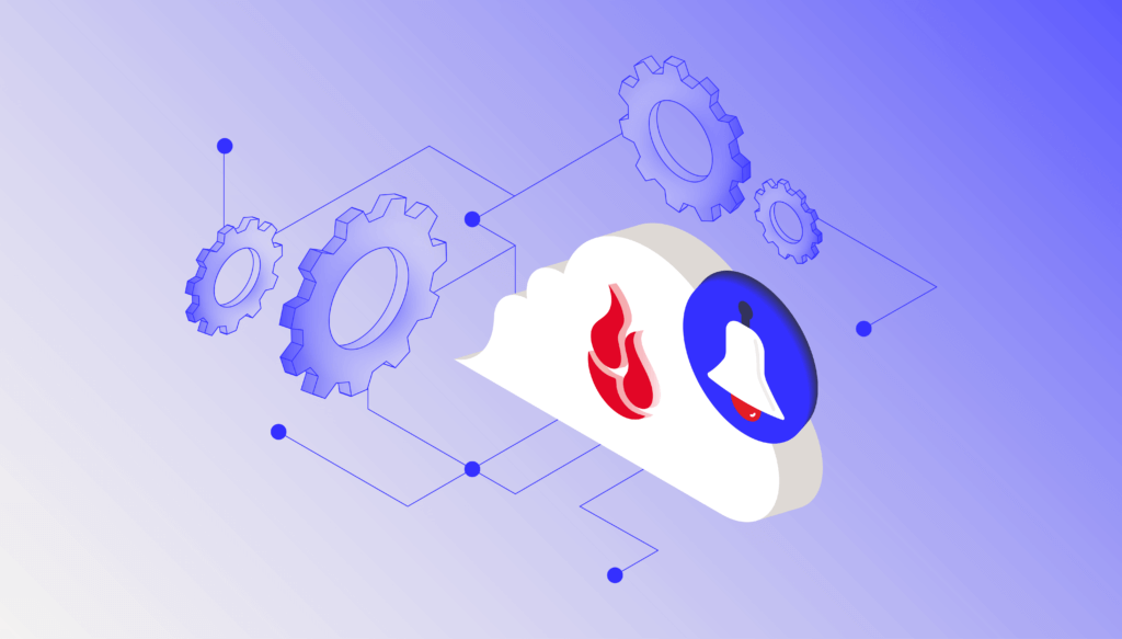 A decorative image showing a cloud, gears, and an alarm notification.