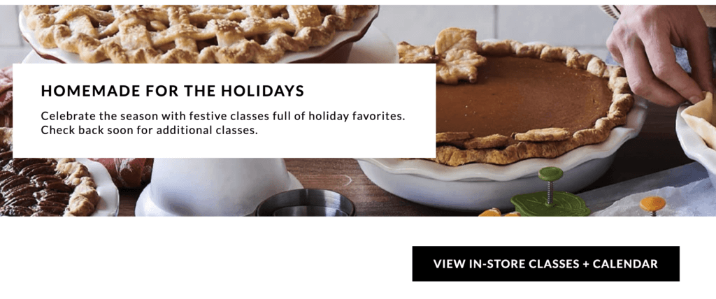 A screenshot form the Sur La Table website that features their holiday cooking classes.