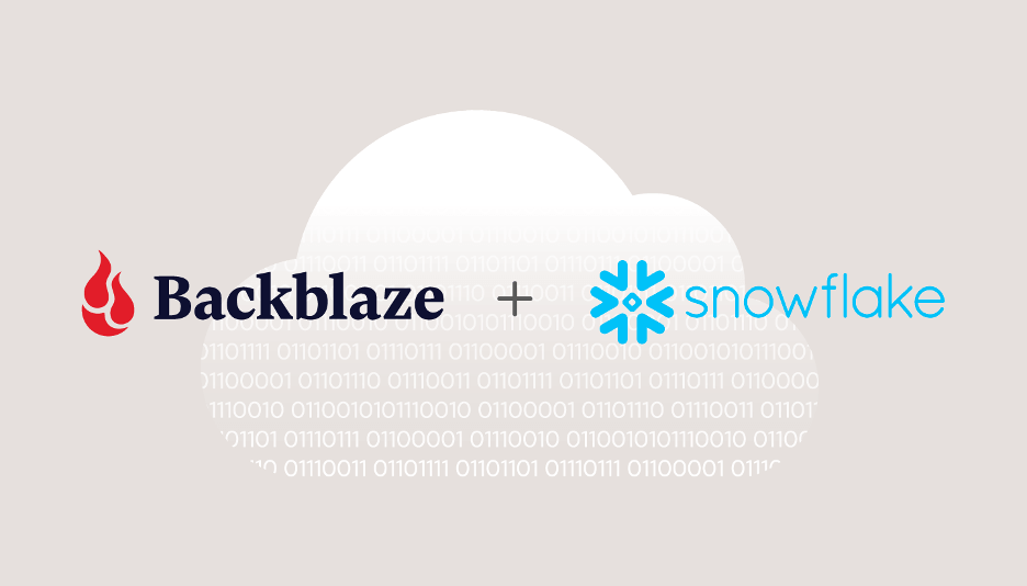 A decorative image showing the Backblaze and Snowflake logos superimposed over a cloud that dissolves into binary 0s and 1s.