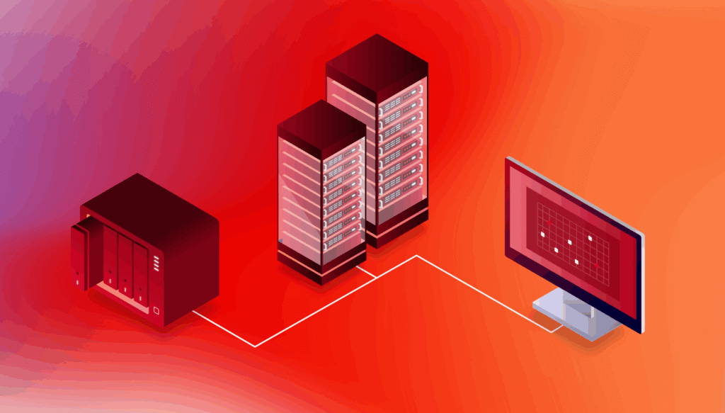 A decorative image showing a server, a NAS, and a computer.