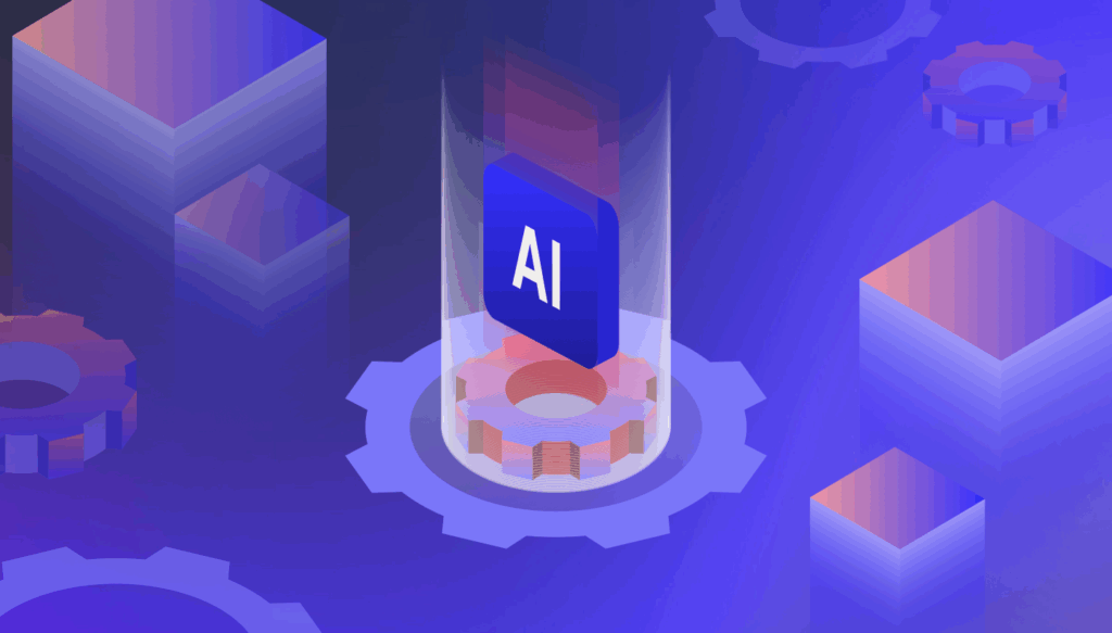 A decorative images showing a gear, chips, and the word AI. 