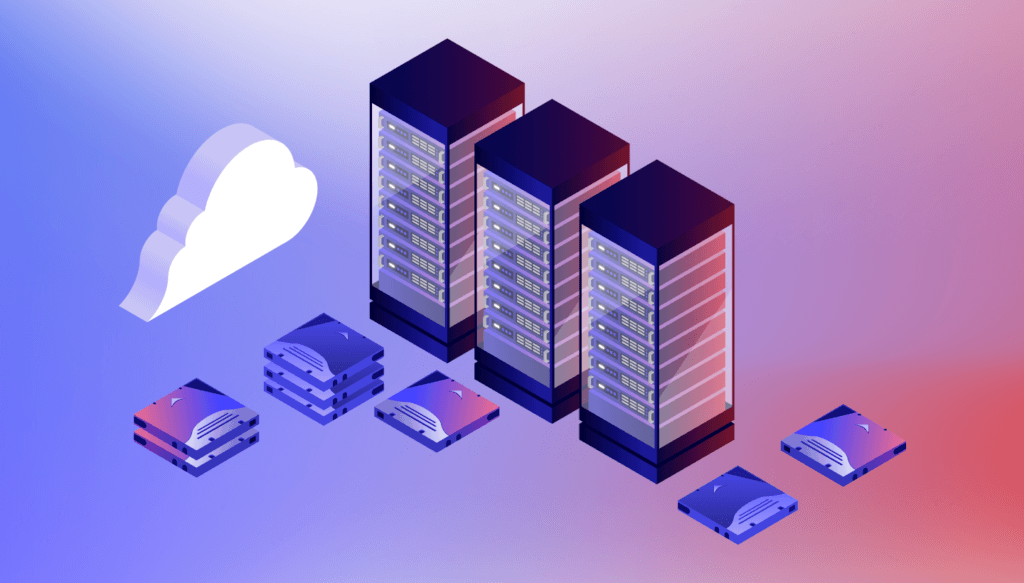A decorative image showing servers, the cloud, and drives. 