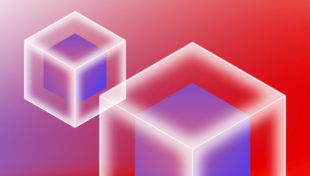 A decorative image showing glowing cubes on a red background. 