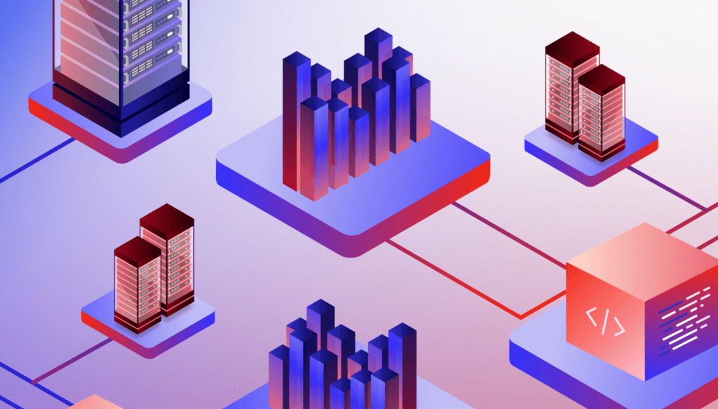 A decorative image showing different, interconnected icons of servers, buildings, and data. 