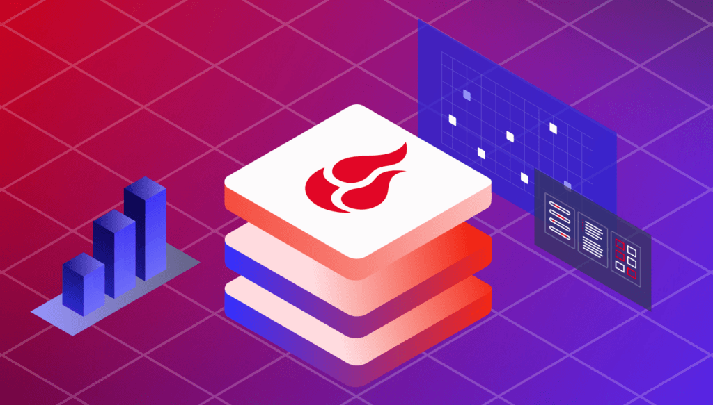 An illustration of a bar chart, stacked blocks and computer screens with the Backblaze flame logo.