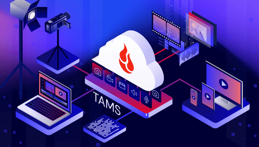 Illustrations of recording equipment and computer equipment with the word TAMS.