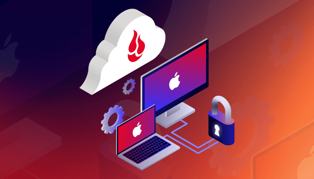 An illustration of a Mac desktop and laptop with gears and a cloud behind it.