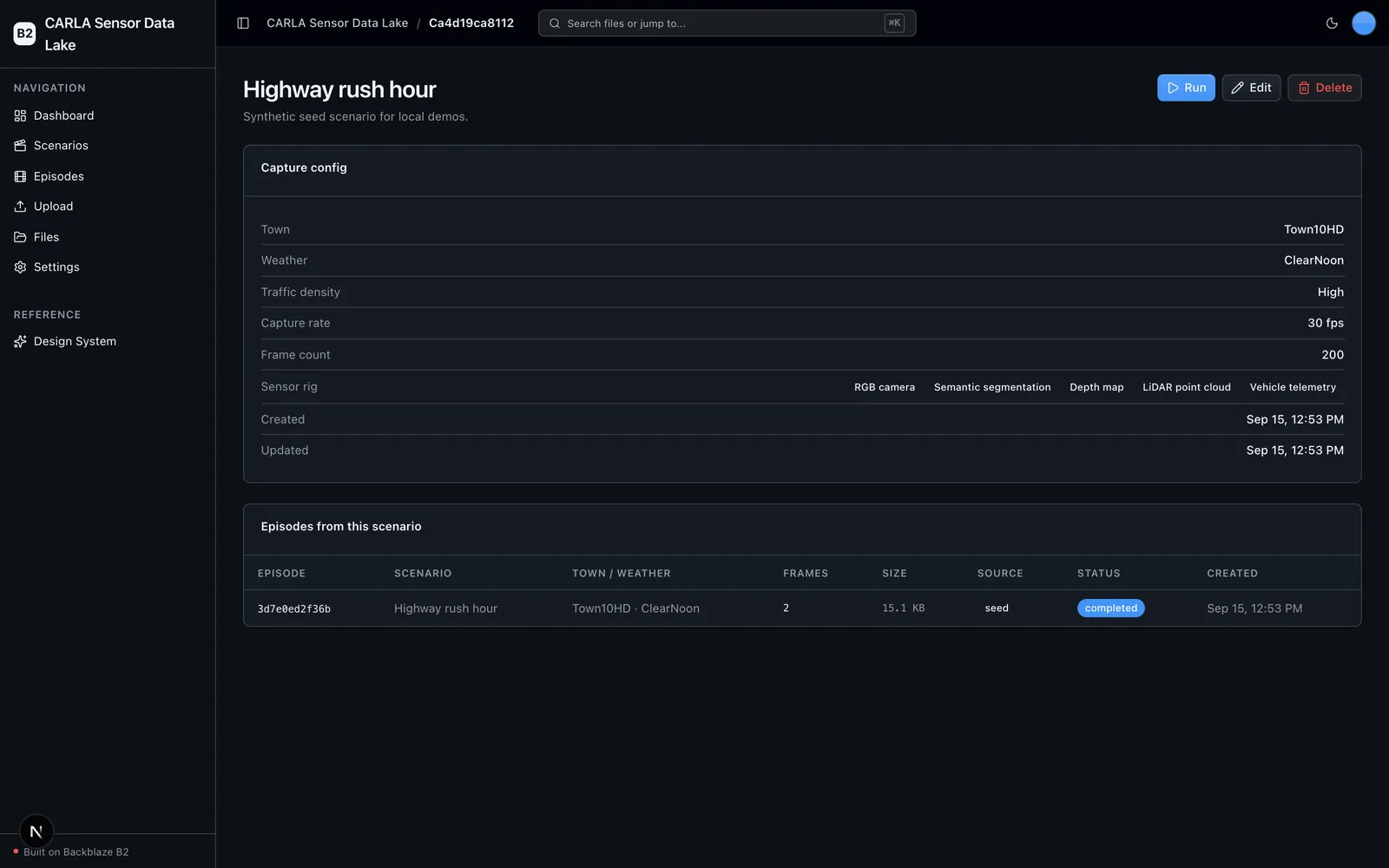 Scenario detail showing capture config and captured episodes