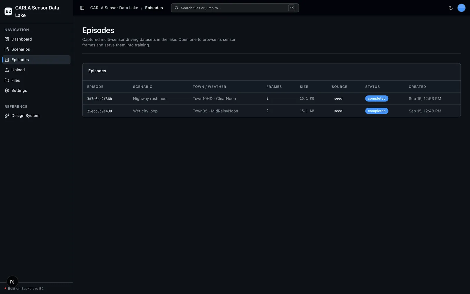 Episodes list of captured multi-sensor datasets
