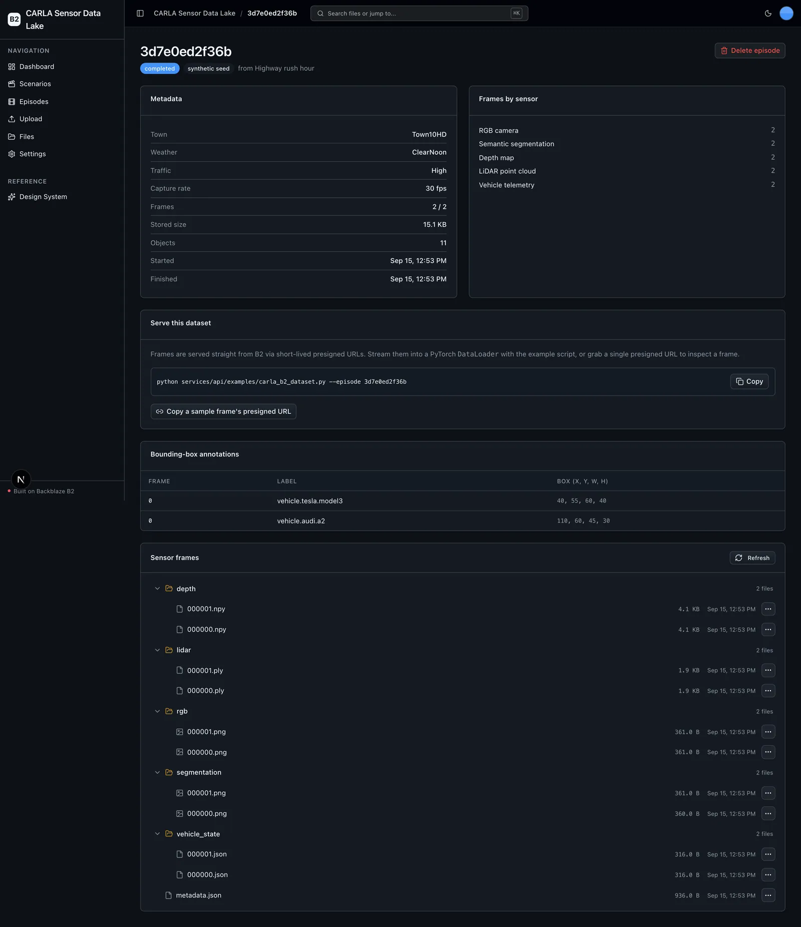 Episode detail with metadata, dataset serving, annotations, and sensor-frame browser