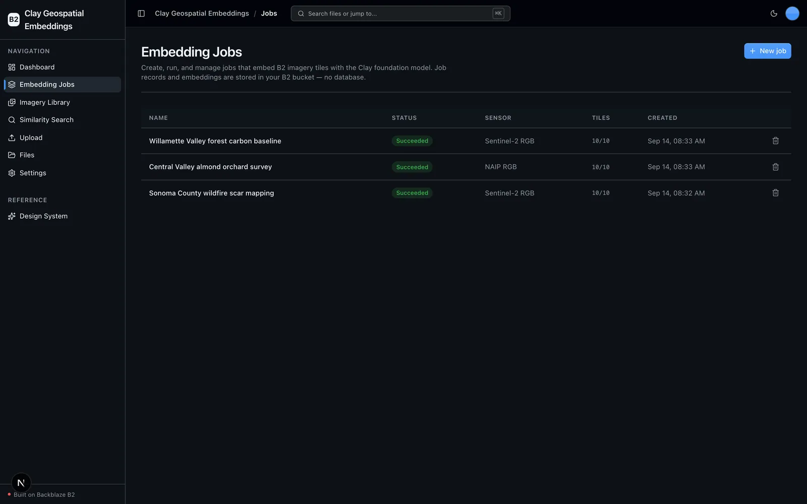 Embedding Jobs list showing status, sensor, and tile counts