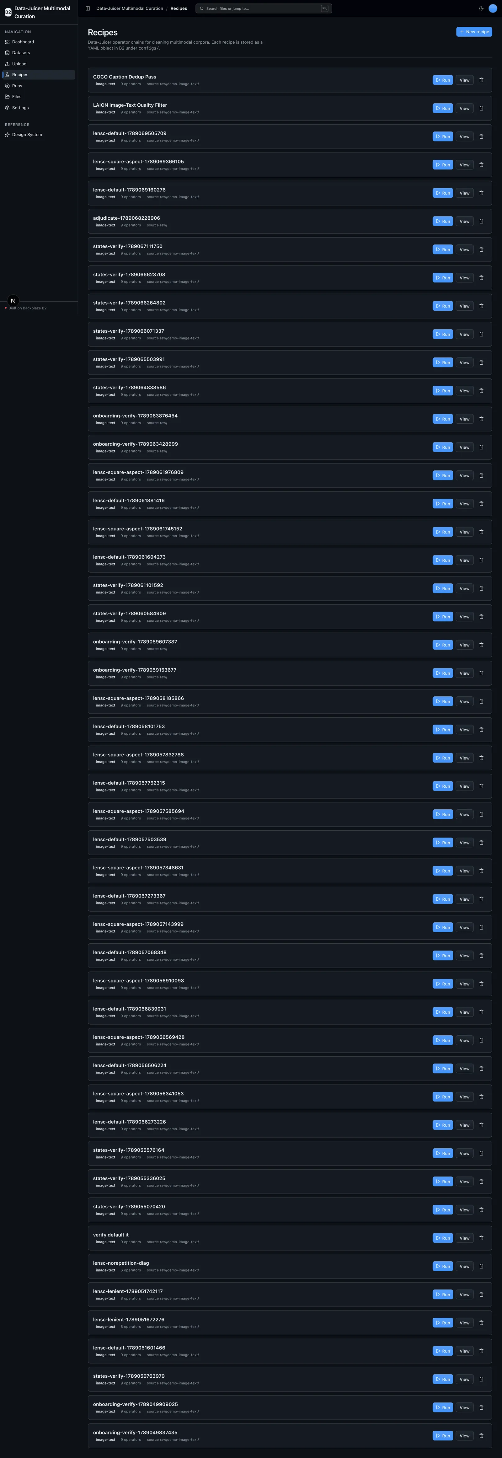 Recipes library listing Data-Juicer operator chains stored as YAML in B2