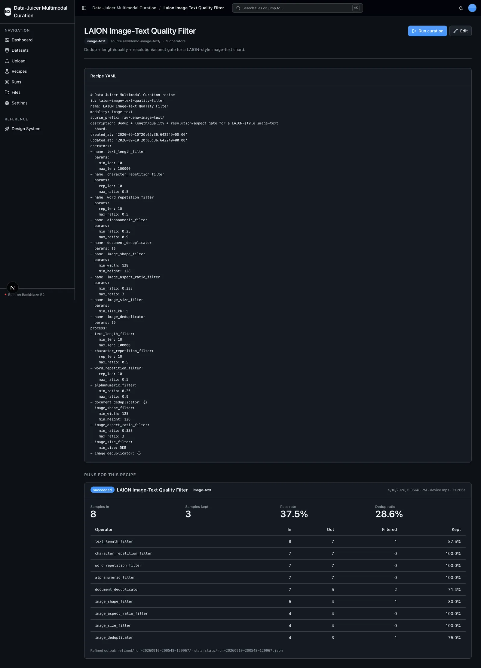 Recipe detail showing the YAML operator chain and per-operator run stats