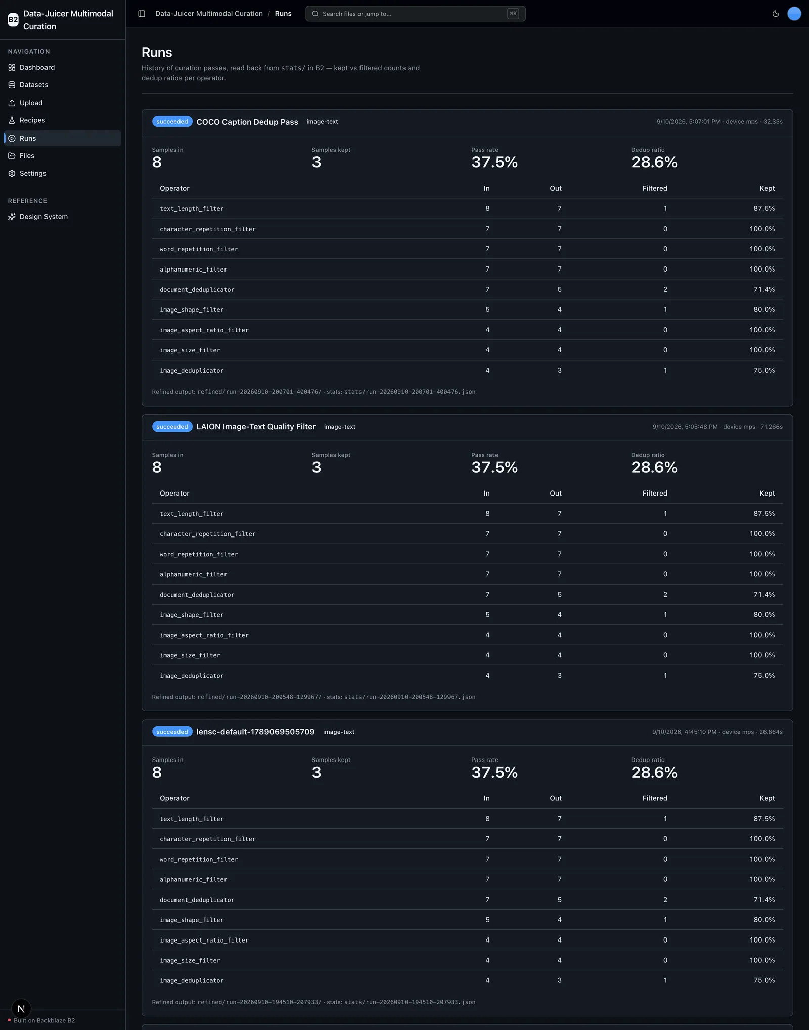 Runs history with kept vs filtered counts and per-operator stats