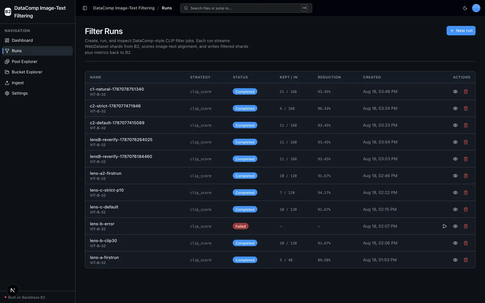 Filter Runs list showing each run's strategy, status, kept-vs-in counts, and reduction