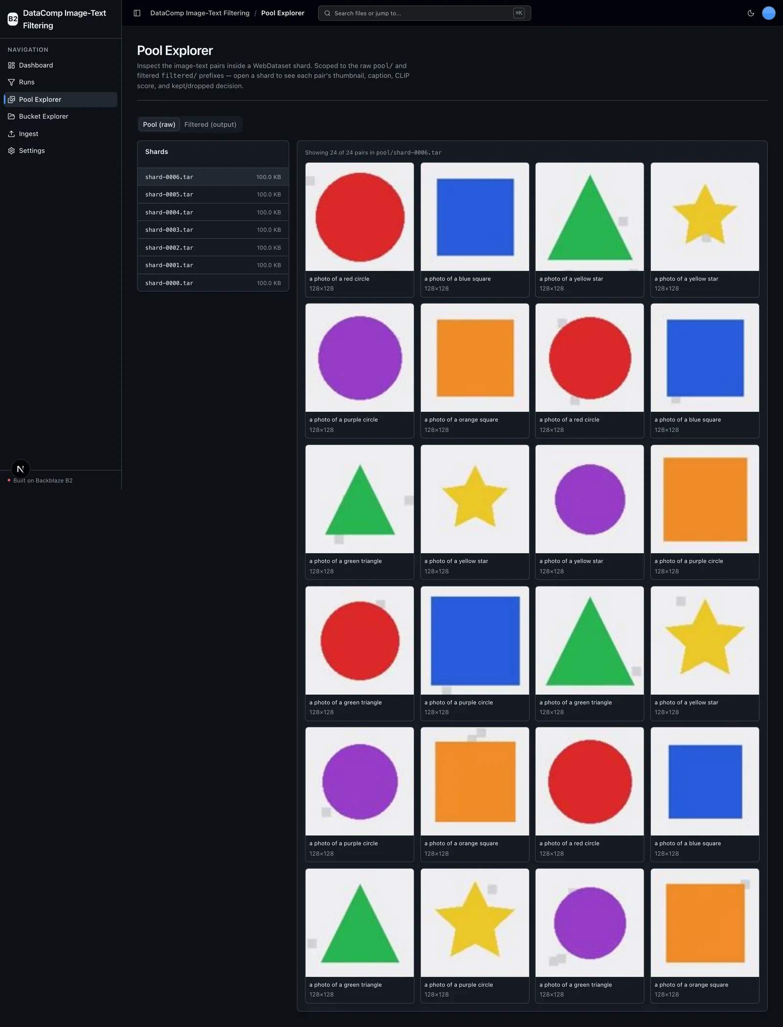 Pool Explorer showing a grid of image-text pairs from a raw WebDataset shard