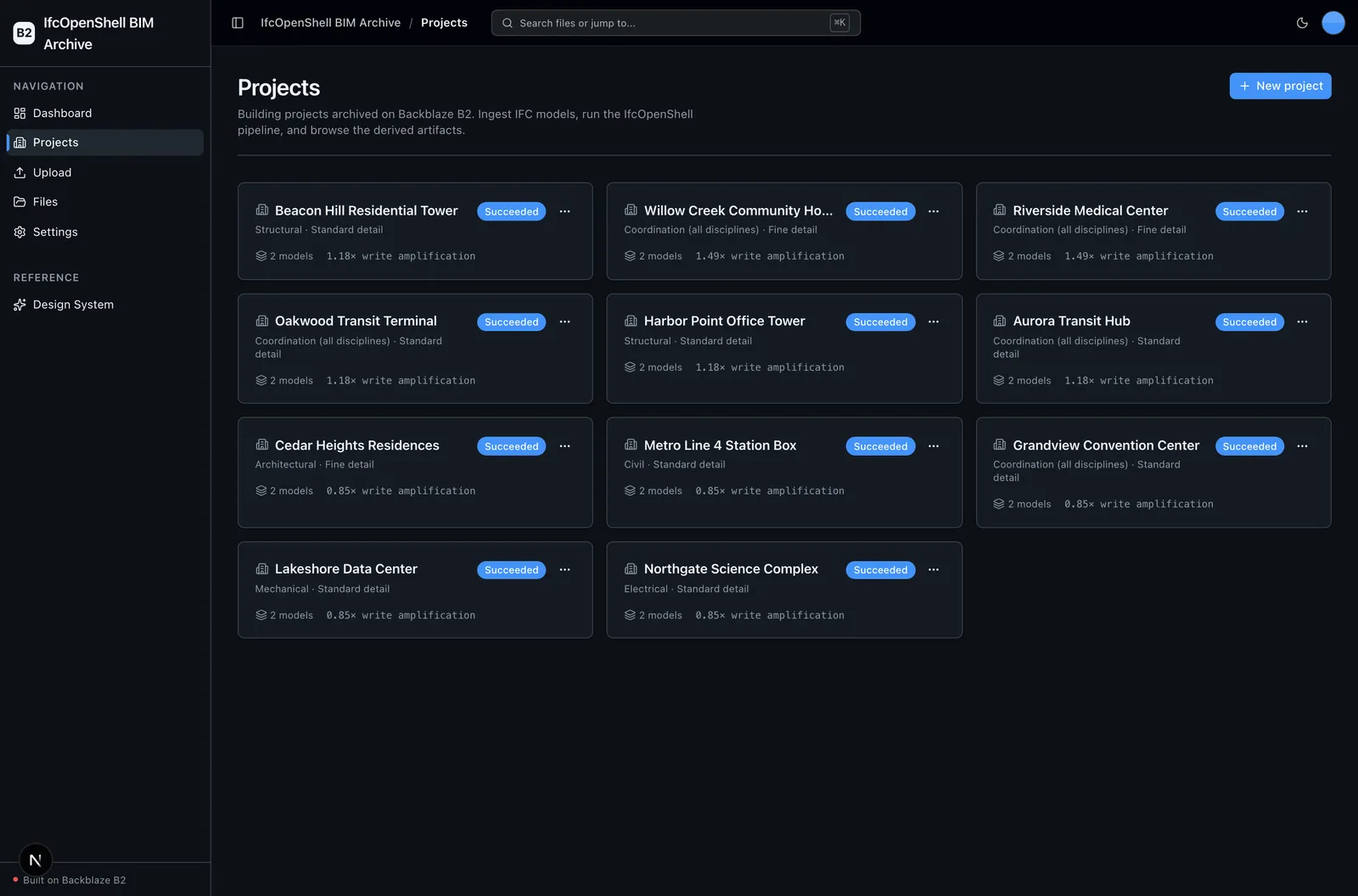 Projects library showing building-project cards with status and write-amplification.