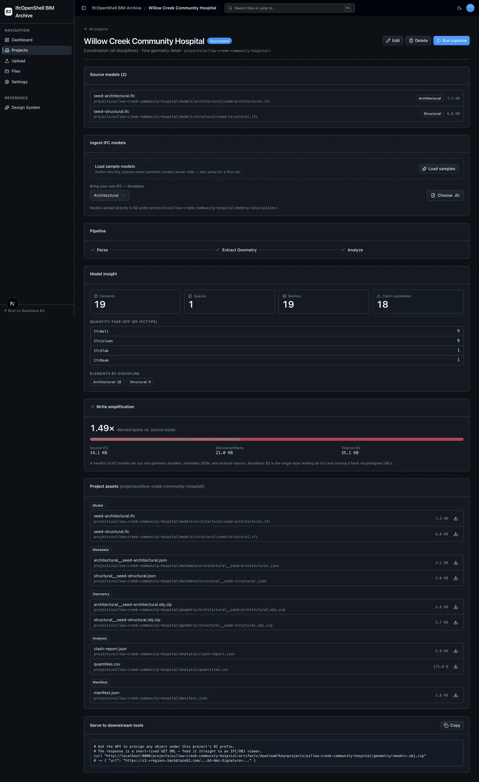 Project detail showing the pipeline timeline, BIM stats, write-amplification panel, and asset explorer.
