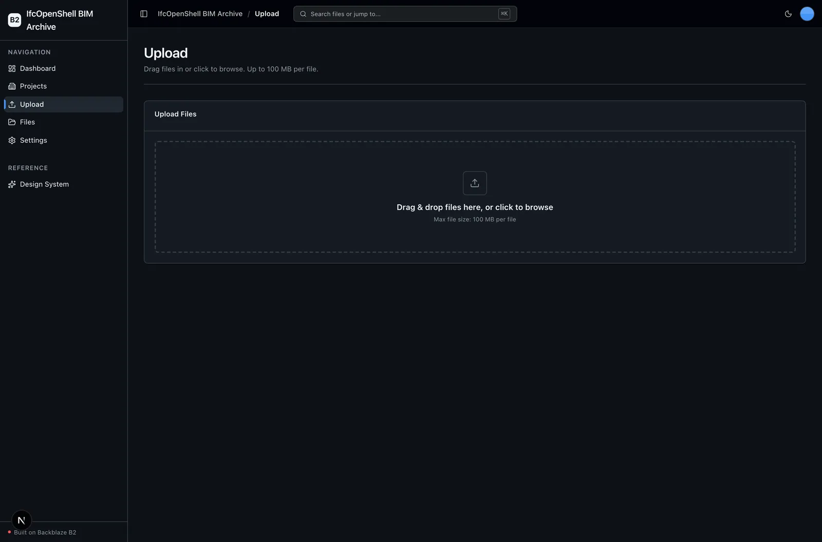 Upload page with a drag-and-drop dropzone for direct browser-to-B2 uploads.