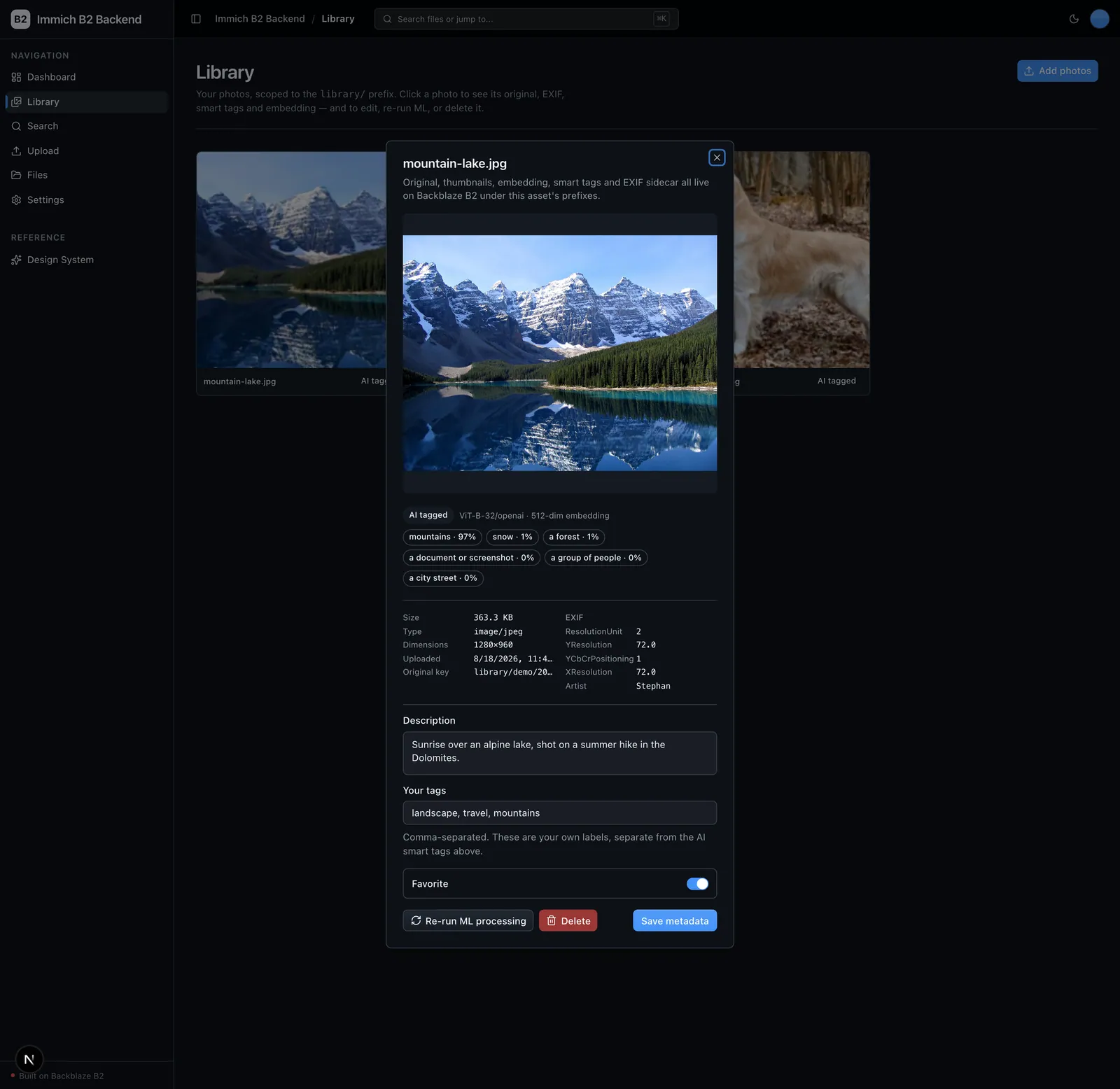 Asset detail dialog with original, smart tags, EXIF, description and embedding