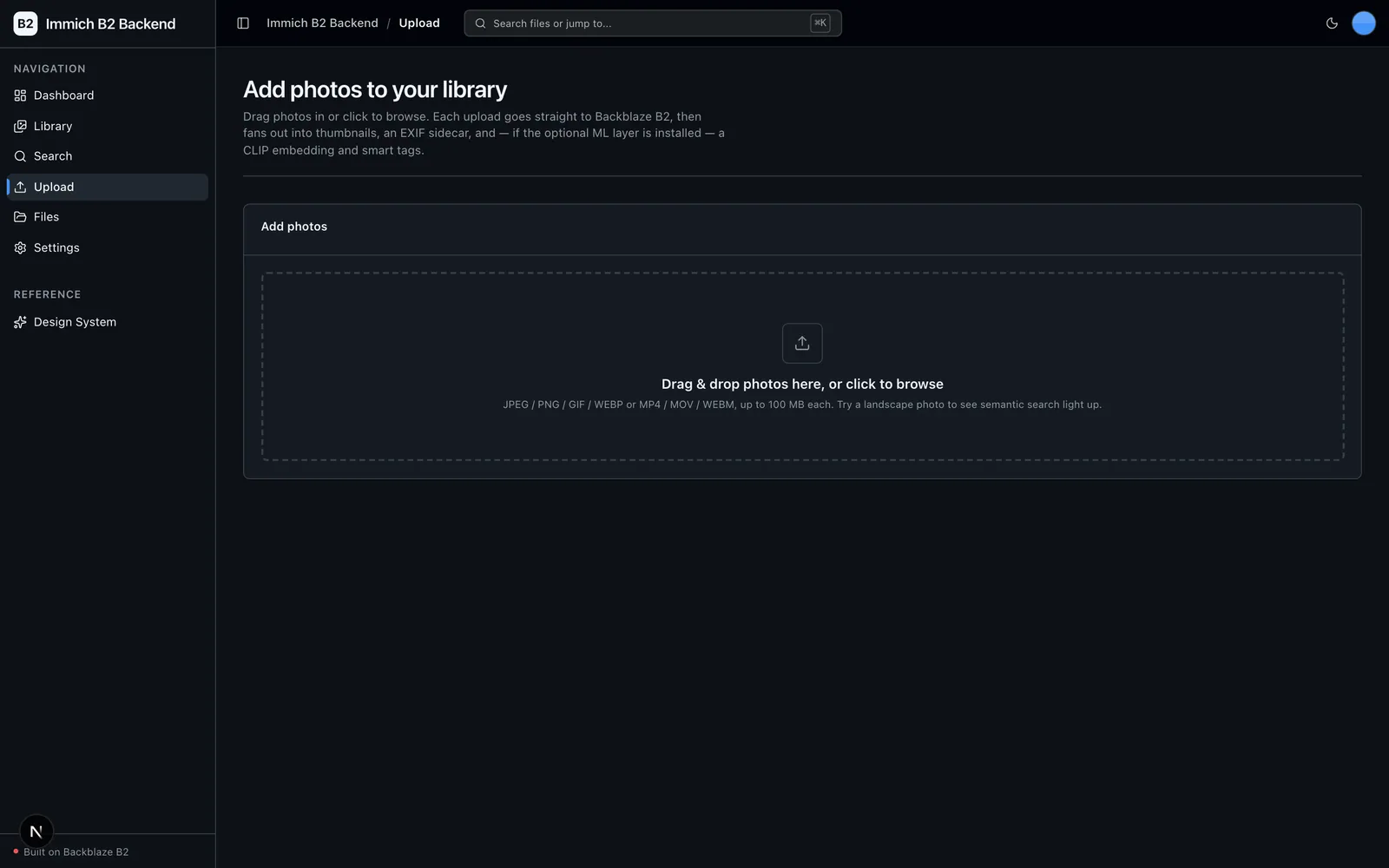 Upload page with a drag-and-drop dropzone for photos