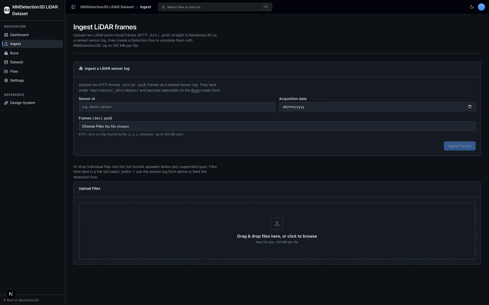 Ingest page for uploading raw LiDAR frames to Backblaze B2