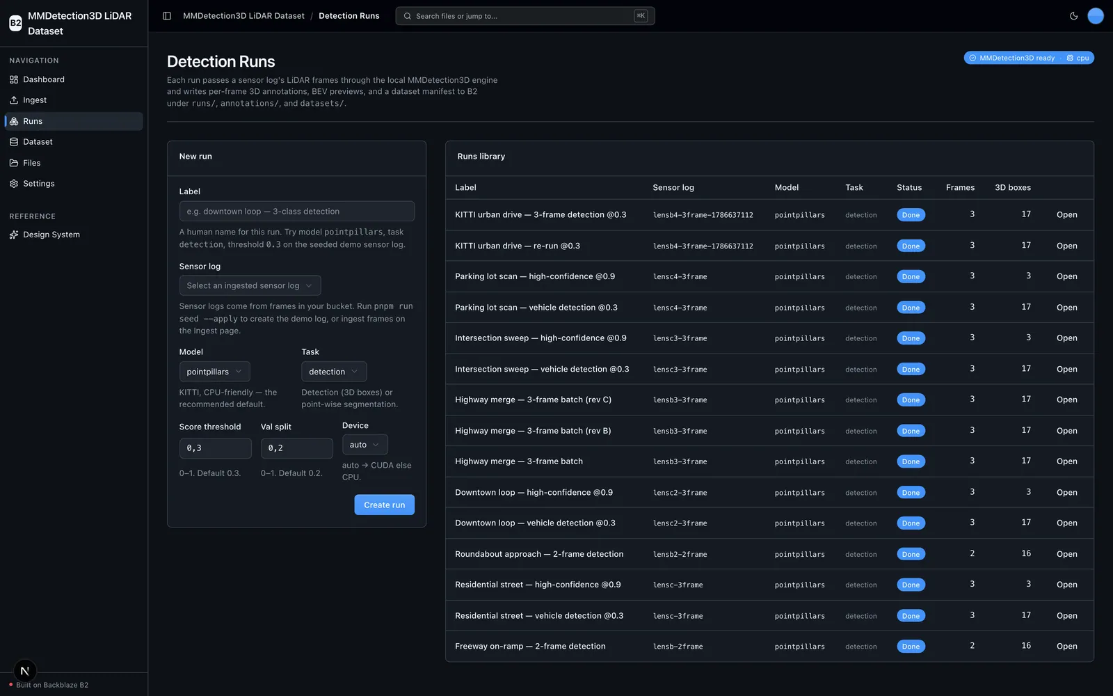 Detection Runs page with a create form and the runs library table