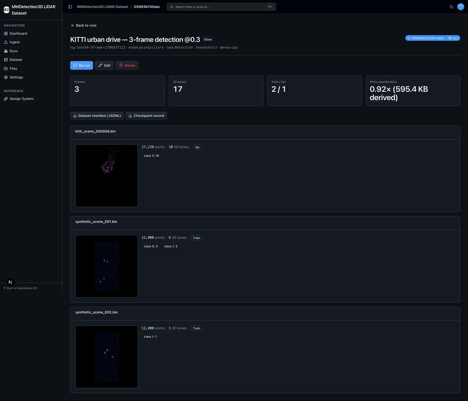 Run detail with per-frame BEV previews and 3D-box annotations