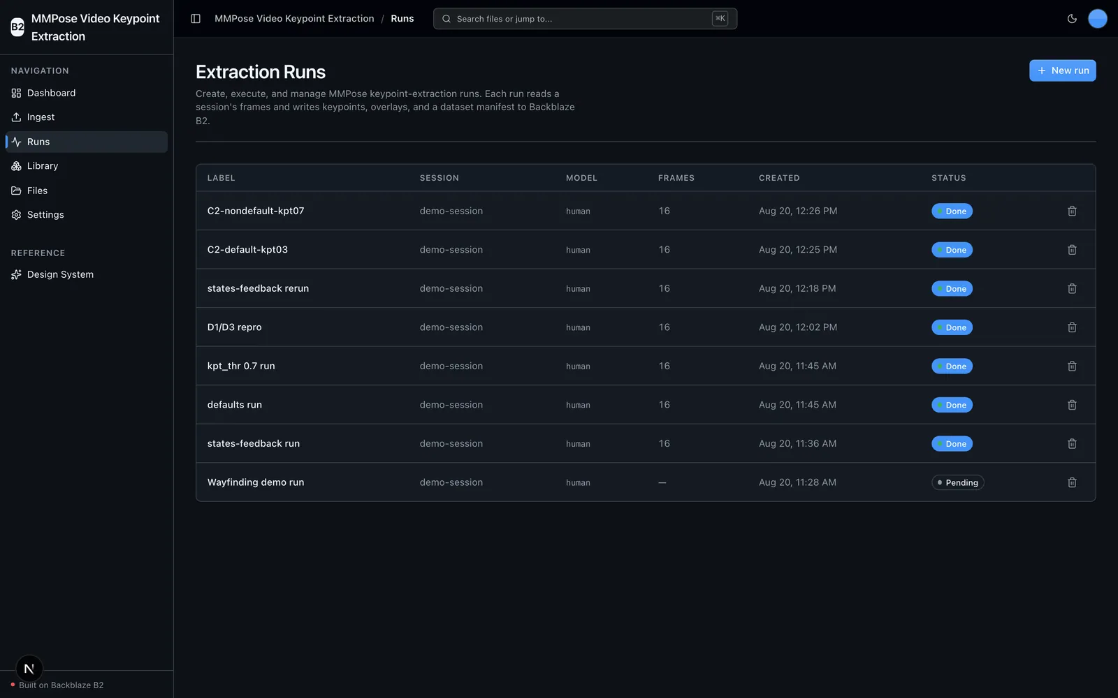Extraction runs list with status and lifecycle actions