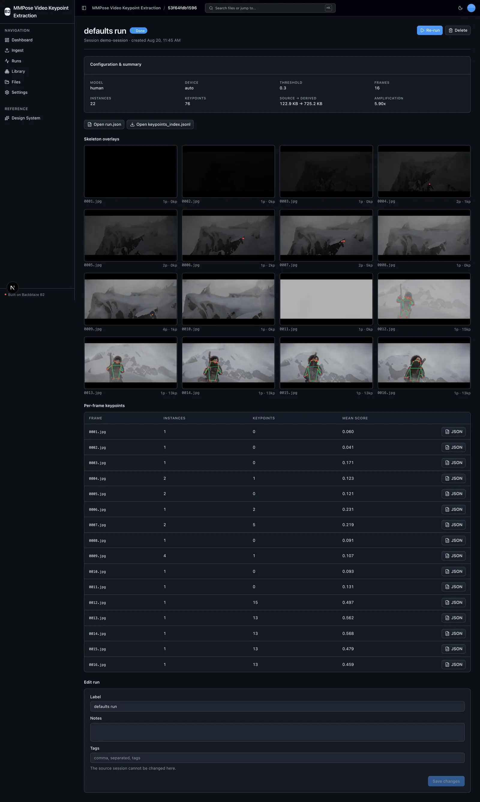 Run detail showing the skeleton-overlay gallery and per-frame keypoints