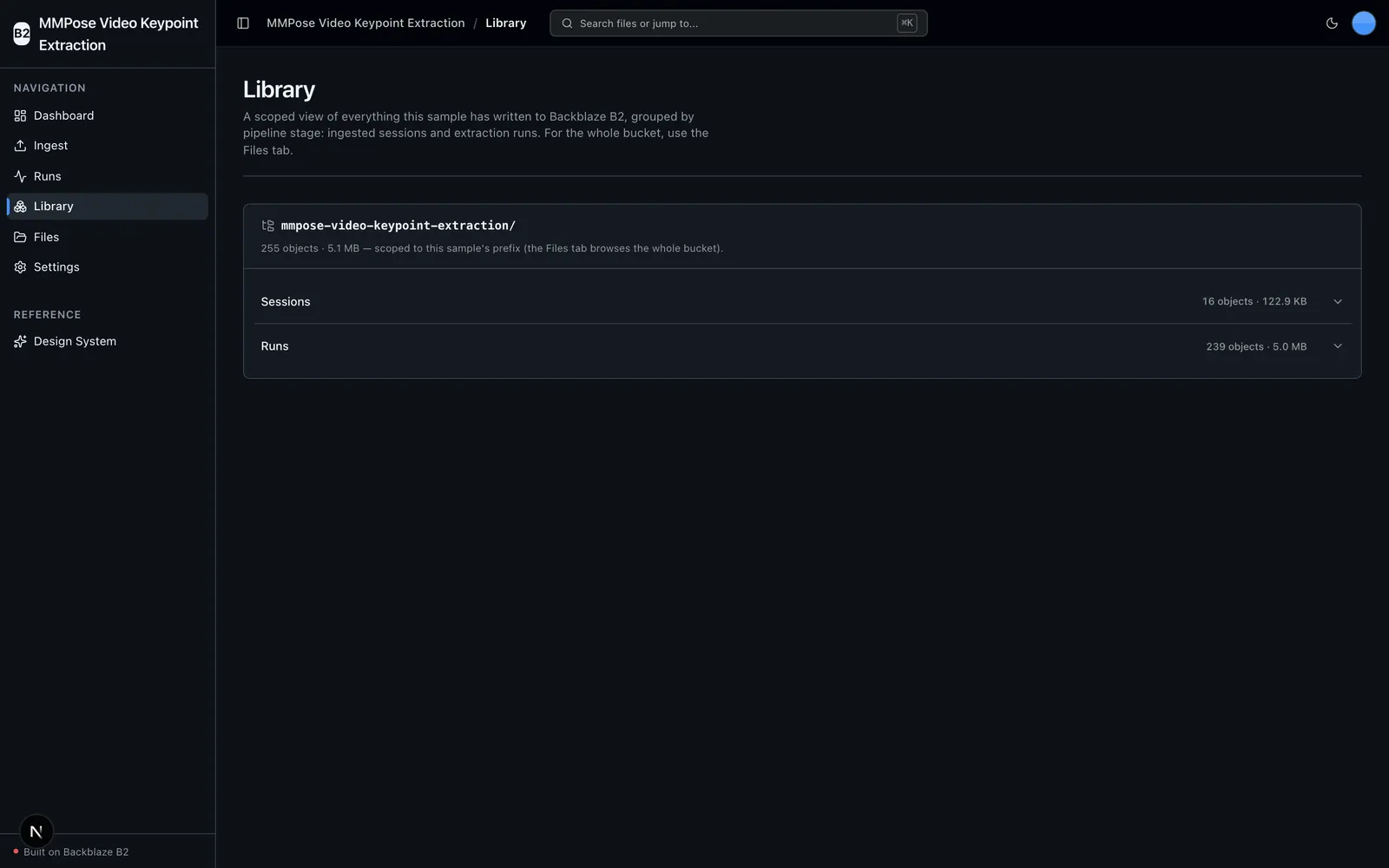 Library view scoped to the sample prefix, grouped into sessions and runs