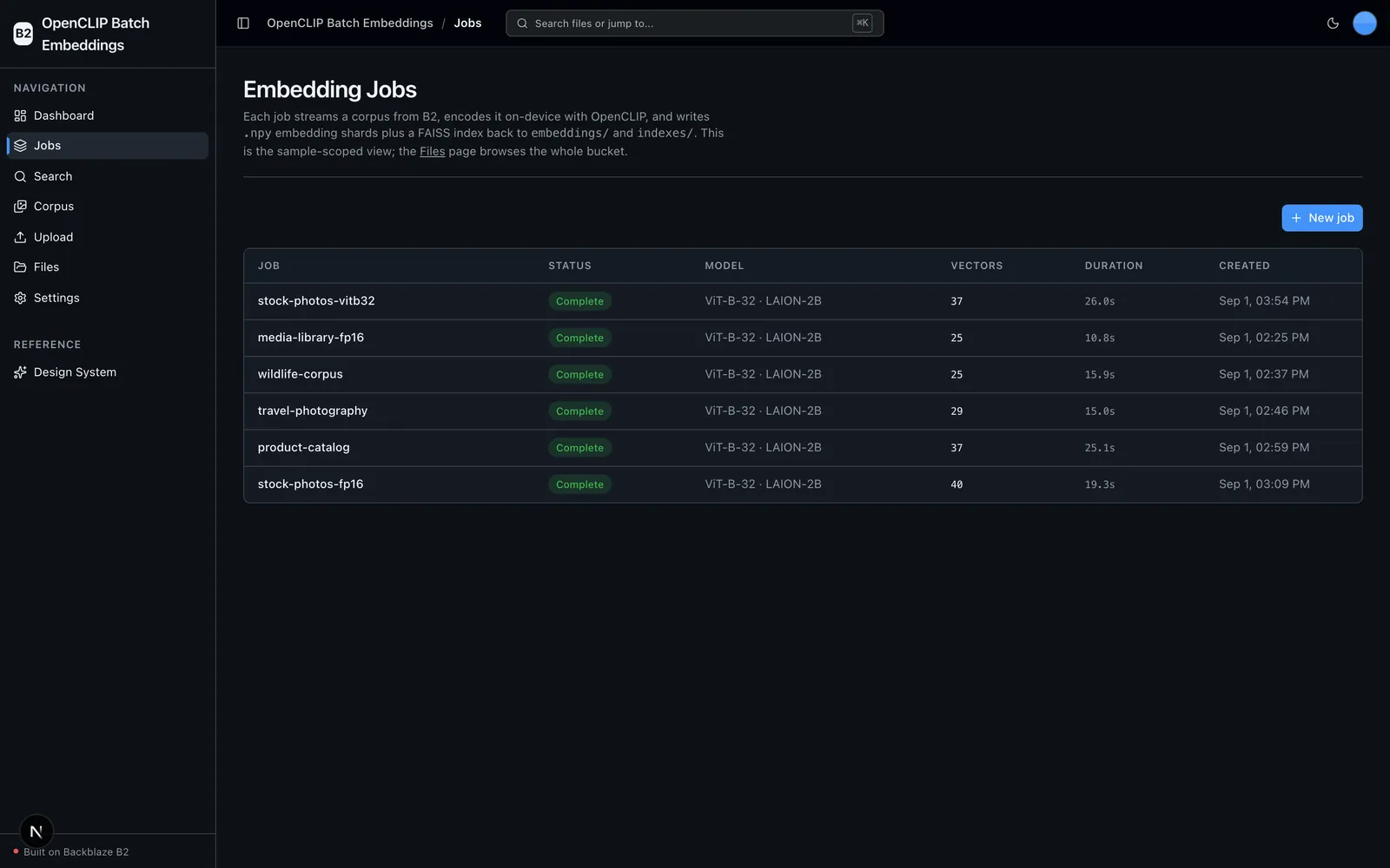 Embedding Jobs list showing each job's status, model, vector count, and run duration.
