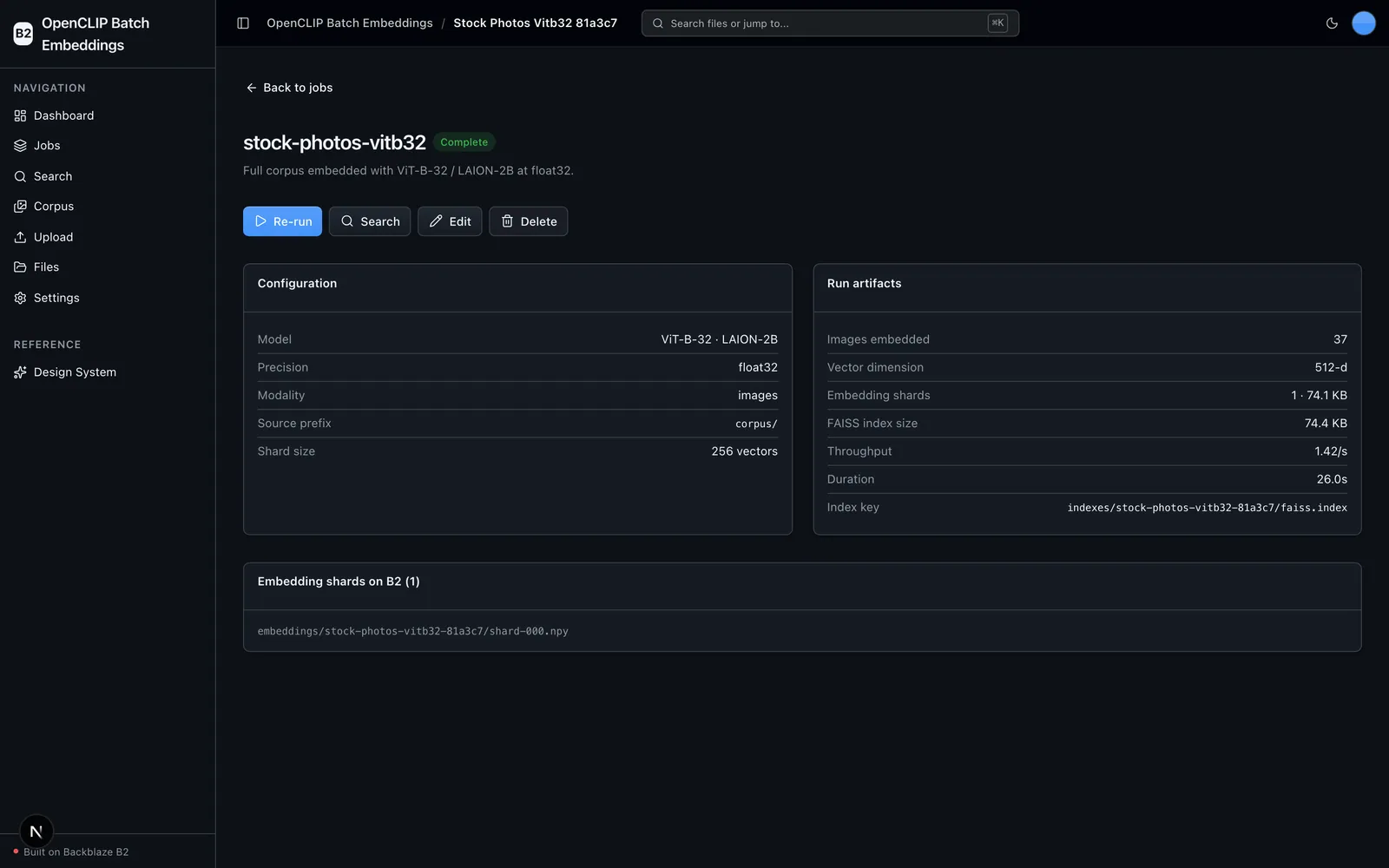 Job detail with configuration, run artifacts, and the B2 shard and index keys.