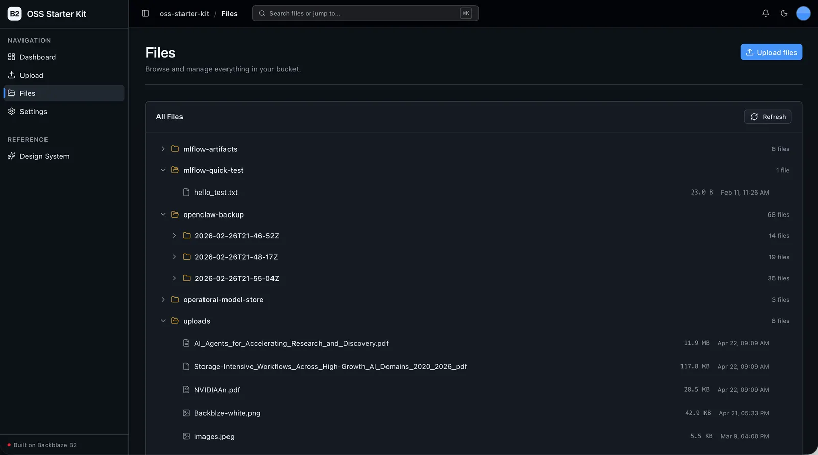 Vibe Coding Starter Kit file browser with a file tree and actions to preview, download, and delete files.